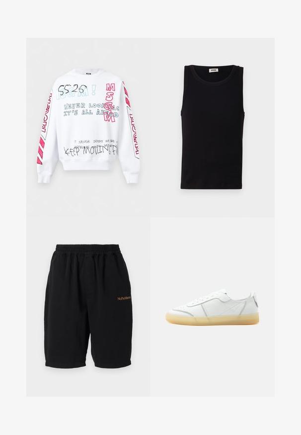 Sweatshirt blanc à manches longues avec texte manuscrit multicolore comprenant "MSGM", "Ne regarde jamais en arrière, tout est devant" et "Continue à avancer".; Débardeur noir sans manches en coton doux. Il présente une encolure ronde et une coupe droite, avec des détails de couture minimaux.; Shorts en coton noirs avec une taille élastique, coupe droite et poches latérales. Présente l'inscription "No Problemo" brodée en orange sur le devant.; Baskets basses en cuir blanc avec semelle beige translucide, lacets à l’avant et détails de couture minimalistes, vues de côté sur un fond uni.