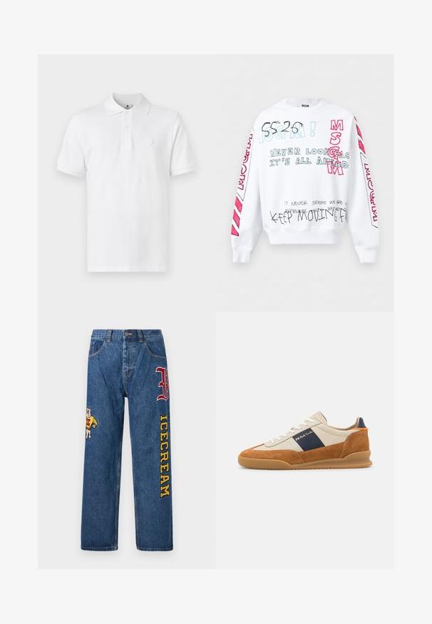 Sudadera blanca de manga larga con texto manuscrito multicolor que incluye "MSGM", "Nunca mires atrás, todo está adelante" y "Sigue avanzando".; Camiseta polo blanca de algodón, con un cuello clásico, mangas cortas y un sutil logo bordado en el pecho.; Vaqueros de mezclilla azul claro con un ajuste holgado. Presentan un perro bordado en la pierna izquierda y el texto "ICECREAM" en amarillo en la pierna derecha.; PS Paul Smith DOVER - Zapatillas - cognac/off-white