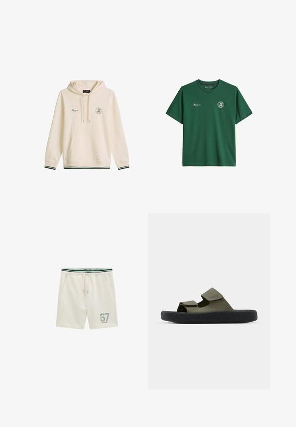 Kremfarvet hættetrøje med forlomme, snore, teksten "It's on us" og cirkulært "M O P" logo på brystet, ribkantede manchetter og kant med sorte striber.; Grøn t-shirt med korte ærmer og rund halsudskæring med hvid tekst "It's on us." på venstre bryst og cirkulært "M OP" logo på højre bryst.; Kremfarvede afslappede shorts med grønstribet elastik i taljen, forlommer, snøre og trykt nummer "67" med lille tekst "Marc O'Polo" på venstre ben.; Grønne gummisandaler med to justerbare remme og en tekstureret sort sål med et dækmønster. Brandlogo synligt på remmen.