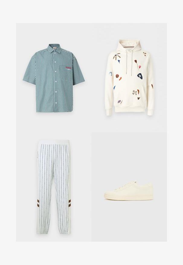 Sweat à capuche couleur crème avec cordons de serrage, orné de broderies abstraites florales et de feuilles multicolores dispersées.; Chemise à manches courtes en vichy vert et blanc. Elle possède un devant à boutons, un col et une poche poitrine avec broderie rouge.; Pantalon de jogging blanc avec des lignes verticales vertes et des accents marron. Dispose d'une ceinture élastique et de chevilles resserrées, fabriqué en tissu doux.; Baskets couleur crème avec une tige en cuir lisse, bout arrondi, laçage à l'avant et semelle en caoutchouc texturée. Design minimaliste, sans logo.
