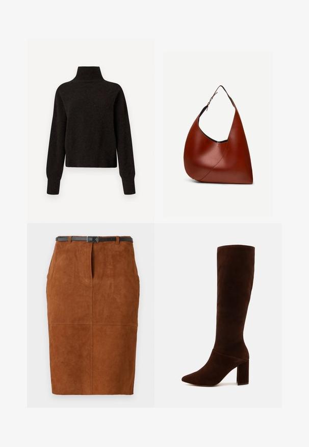 Sort højhalset sweater med lange ærmer og ribbede manchetter og kant, præsenteret på en hvid baggrund.; Brun suedepensel nederdel med en tætsiddende form, syninger og et sort læderbælte med en kvadratisk spænde.; Brune ruskind knæhøj støvle med spids tå og en chunky firkantet hæl. Glat texture med en tætsiddende skaft og ingen synlige lukninger.; Brun læderhobo-taske med enkelt justerbart strop, buet krop og synlig diagonal syning på hvid baggrund.