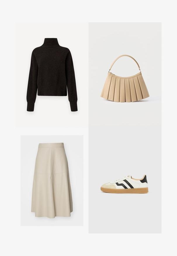 Zwarte hoge hals lange mouw trui met geribde manchetten en zoom, weergegeven op een witte achtergrond.; Beige A-lijn midi-rok met zichtbare naaddetails en een aansluitende tailleband, gemaakt van glad leerachtig materiaal.; Witte sneaker met beige neuskap, zwarte zijstrepen, lichtbruine zool en een lage snit.; Beige plissé handtas met een gebogen bovenrits en een enkele boogvormige handgreep, weergegeven op een witte achtergrond.
