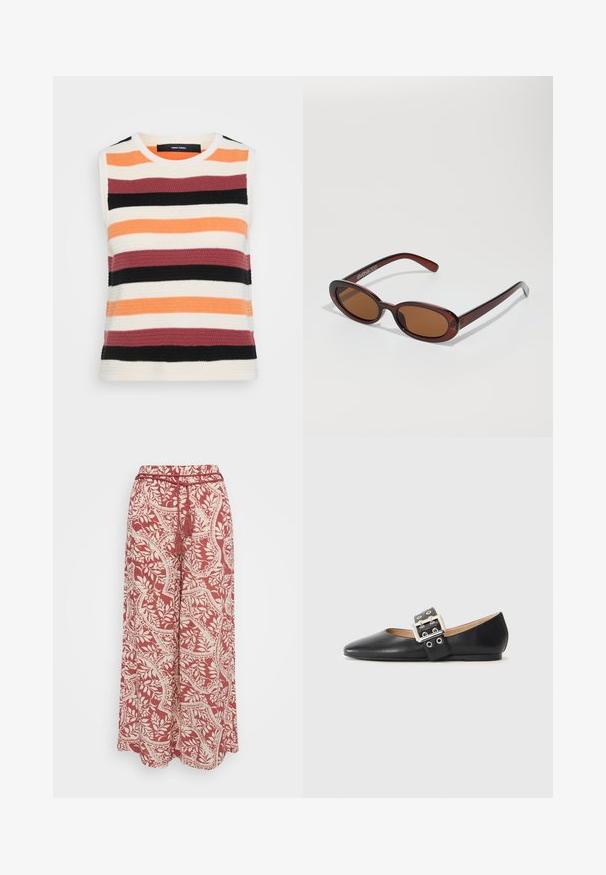 Ärmelloses Stricktop mit horizontalen Streifen in Orange, Creme, Bordeaux, Schwarz und Dunkelgrau. Strukturiertes Material mit Rundhalsausschnitt.; Vero Moda Petite VMBALI WIDE PANTS - Stoffhose - marsala; Schwarzer flacher Lederschuh mit spitz zulaufender Schuhspitze und einem dekorativen Riemen mit silberfarbener Schnalle sowie kleinen Ausschnitten.; Runde, braun getönte Sonnenbrillen mit einem glänzenden burgunderfarbenen Rahmen. Schlanke Bügel mit dezentem Branding. Flaches Linsendesign.