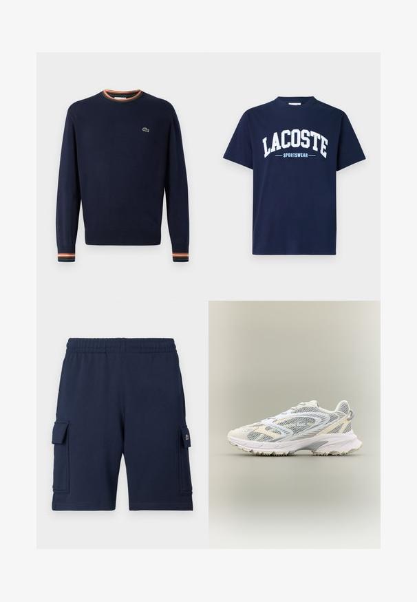Suéter azul marino con cuello redondo, puños acanalados con rayas verdes, naranjas y blancas, y un pequeño logo bordado en el pecho.; Camiseta de algodón azul marino con cuello redondo y mangas cortas. Presenta un gran texto blanco "LACOSTE" y "SPORTSWEAR" en azul claro debajo.; Pantalones cortos cargo azul marino hechos de tela suave, con una cintura elástica, dos bolsillos laterales y un pequeño detalle con logo en el bolsillo izquierdo.; Zapatilla deportiva blanca con paneles de malla gris, superposiciones texturizadas, un collar acolchado y una suela de goma con pequeños picos de tracción.