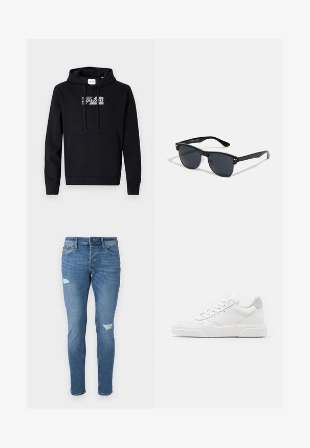 Schwarzer Kapuzenpullover aus weichem Stoff, mit einer vorderen Kängurutasche und einem bedruckten Logo auf der Brust. Lange Ärmel mit gerippten Bündchen.; Verblasste blaue Jeans im Slim-Fit, mit zerstörten Stellen an den Knien, einem Knopfverschluss und einem Fünf-Taschen-Design.; Weiße Leder-Sneaker mit glatter Oberfläche, rundem Zehenbereich, flachen Schnürsenkeln und strukturiertem Schuhsohlen. Graues Wildleder-Detail an der Ferse.; Schwarze Sonnenbrille mit rechteckiger Form, dunklen Gläsern, silbernen Akzenten an den Bügeln und mattierter Oberfläche des Rahmens.
