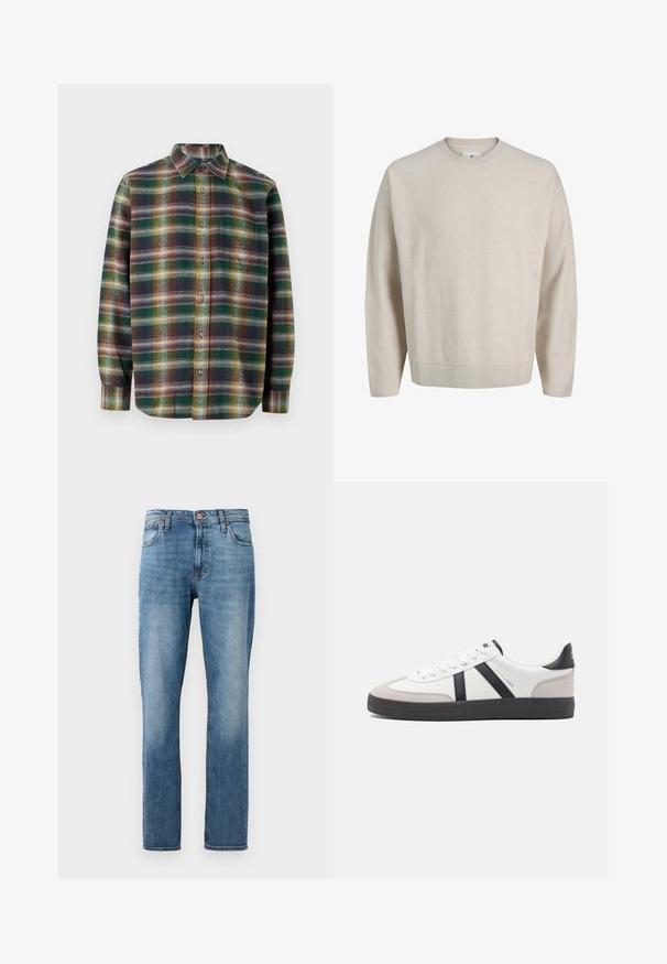 Pull beige à manches longues avec col ras du cou, col, poignets et ourlet côtelés, présenté sur un fond blanc uni.; Chemise à manches longues en tartan aux tons vert, bleu marine et orange, avec une fermeture à boutons, un col étalé et un tissu doux et texturé.; Jean en denim bleu à jambe droite avec cinq poches, fermeture par bouton et zip, présenté sur un fond blanc uni.; Baskets blanches avec des accents noirs et gris, présentant un embout texturé gris, une semelle en caoutchouc noir et des lacets plats blancs. Design épuré, style minimaliste.