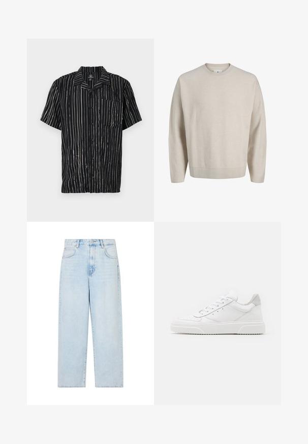 Pull beige à manches longues avec col ras du cou, col, poignets et ourlet côtelés, présenté sur un fond blanc uni.; Chemise à manches courtes en tissu noir avec des rayures blanches verticales, une poche sur la poitrine gauche et un col avec une coupe décontractée.; Jeans en denim bleu clair à jambes larges avec une taille haute, cinq poches et une fermeture à bouton. Texture lisse avec une finition délavée.; Des baskets en cuir blanc avec une finition lisse, un bout rond, des lacets plats et une semelle texturée. Accents en daim gris au niveau du talon.