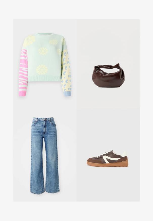 Pull court bleu clair avec des imprimés de fleurs jaunes sur le devant, des rayures zébrées roses et blanches sur la manche gauche, des taches de léopard bleues sur la manche droite.; Jeans larges en denim bleu clair avec une taille haute, dotés de cinq poches, d'une fermeture par bouton supérieur et de surpiqûres contrastées le long des coutures.; Baskets marron avec des accents blancs, fabriquées à partir de matériaux lisses et texturés, dotées d'une semelle en caoutchouc et d'une fermeture à lacets, au design sportif.; Sac bandoulière en cuir marron foncé avec une forme souple et décontractée et une anse nouée torsadée sur un fond blanc uni.