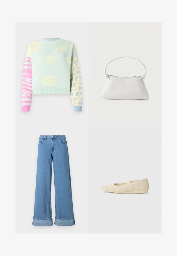 Pull court bleu clair avec des imprimés de fleurs jaunes sur le devant, des rayures zébrées roses et blanches sur la manche gauche, des taches de léopard bleues sur la manche droite.; Jean en denim bleu clair à jambes larges avec une taille haute, des poignets roulés, un design à cinq poches et une fermeture à bouton avec un zip.; Ballerines beiges avec une exterior en cuir lisse, un bout en forme d'amande et une sangle élastique sur le coup de pied, avec des détails de couture subtils.; Sac à main en cuir tressé blanc avec poignée arrondie et extrémités de lanière nouées, présenté sur un fond uni.