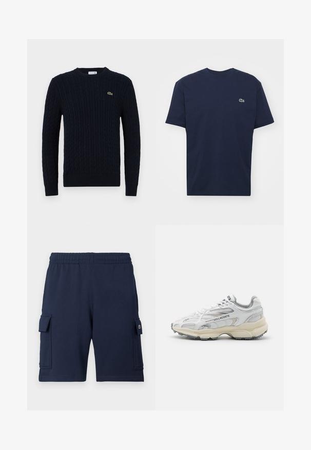 Marineblauwe gebreide trui met kabelpatroon, ronde hals, geribde mouwen en zoom, en een klein groen krokodillenlogo op de borst.; Navyblauwe katoenen t-shirt met korte mouwen, ronde hals en een klein groen krokodillenlogo op de linkerborst. Zachte textuur, casual ontwerp.; Marineblauwe cargoshorts gemaakt van zachte stof, met een elastische tailleband, twee zijzakken en een klein logoaccent op de linkerzak.; Witte sportieve schoenen met grijze accenten, bovenwerk van mesh en synthetisch materiaal, vetersluiting en een geprofileerde rubberen zool met looppatronen.