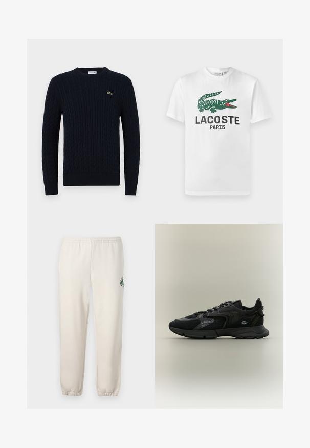 Marineblauer Strickpullover mit Zopfmuster, Rundhalsausschnitt, gerippten Bündchen und Saum sowie einem kleinen grünen Krokodil-Logo auf der Brust.; Lacoste T-Shirt print - white; Helle beige Sweatpants aus Baumwolle mit einem elastischen Bund, gerippten Bündchen und einem grünen Logo mit Blattdesign am linken Bein.; Schwarzer Lacoste-Sneaker mit Netz- und Wildlederpaneelen, schwarzer Sohle, Schnürsenkeln, Logo und Koordinatentext an der Seite auf einem schlichten beigen Hintergrund.