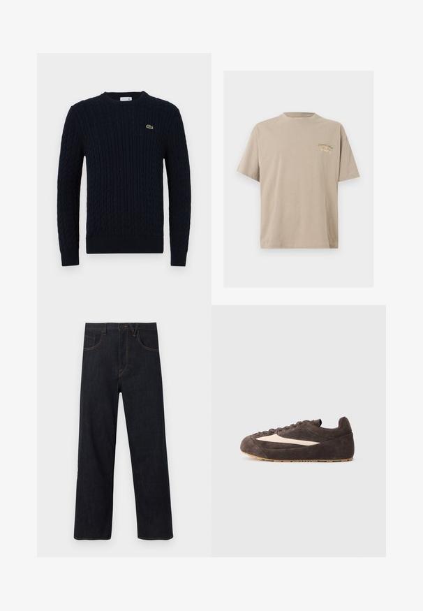 Marineblå striktrøje med kabelmønster, rund hals, ribkant ved ærmer og bund samt et lille grønt krokodillelogo på brystet.; Beige kortærmet bomulds-T-shirt med rund hals og lille brysttryk med teksten "Originals Since 1990" i grøn og beige.; Mørkeblå jeans med lige ben, lukkes foran med knapper og lynlås, med lommer og orange kontrastsyninger.; Brune ruskinds sneakers med en beige accentstribe, buet design, rund tå og gummisål med et mønstret dæk. Snørelukning.