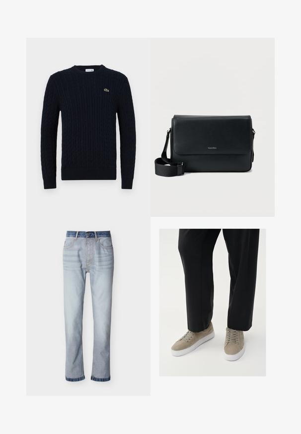 Marineblå striktrøje med kabelmønster, rund hals, ribkant ved ærmer og bund samt et lille grønt krokodillelogo på brystet.; Lyseblå denimjeans med mørkeblå linning, design med lige ben, fem lommer og synlige syningsdetaljer.; Lys grå ruskindsneakers med en hvid gummisål, der har runde snørebånd og et minimalistisk design, parret med sorte bukser.; Sort læder messenger taske med tekstureret finish, justerbar rem og en frontklap med et diskret logo. Kompakt og rektangulær form.