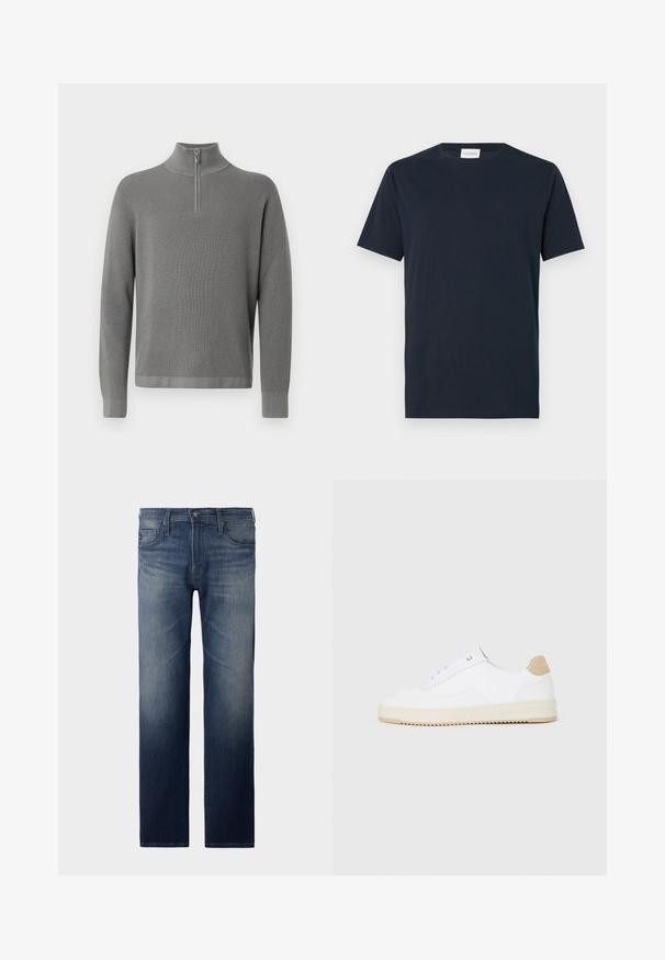 Pull en tricot gris avec un col zippé à moitié, des manches longues et un motif texturé. Lignes épurées et accents côtelés aux poignets et à l'ourlet.; T-shirt à manches courtes bleu marine en coton doux. Il présente un col rond et un design simple et épuré sans motifs ni accents.; Jean droit en denim bleu foncé. Comprend cinq poches, une fermeture éclair et un bouton. Texture légèrement décolorée au niveau des cuisses. Tissu en denim.; Baskets basses blanches avec un dessus en cuir texturé, semelle crémée à stries, et accent de talon tan. Présente des lacets blancs et un logo sur le talon.