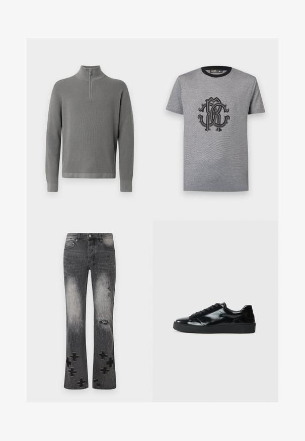Pull en tricot gris avec un col zippé à moitié, des manches longues et un motif texturé. Lignes épurées et accents côtelés aux poignets et à l'ourlet.; T-shirt gris à manches courtes avec un col rond noir et un logo orné "CR" entrelacé noir centré sur la poitrine.; Jean noir délavé avec des détails usés, des ornements cousus et plusieurs patchs croisés noirs sur le bas des jambes.; Baskets en cuir verni noir avec un bout arrondi, un laçage, une semelle en caoutchouc texturé et une finition lisse.