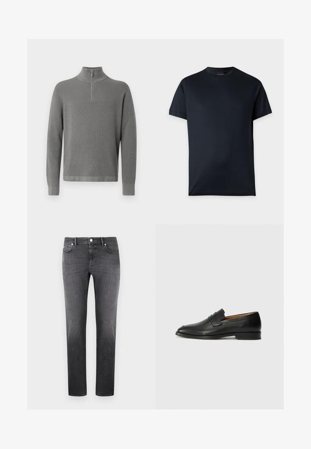 Pull en tricot gris avec un col zippé à moitié, des manches longues et un motif texturé. Lignes épurées et accents côtelés aux poignets et à l'ourlet.; T-shirt noir uni à manches courtes et col rond avec un petit logo près de l'ourlet sur un fond gris clair.; Jean denim gris slim pour hommes, avec bouton et fermeture éclair à l'avant, style cinq poches, présenté à plat sur un fond clair.; Mocassin en cuir noir avec un bout arrondi, des coutures subtiles et un talon bas, présentant une texture lisse et un design minimaliste.