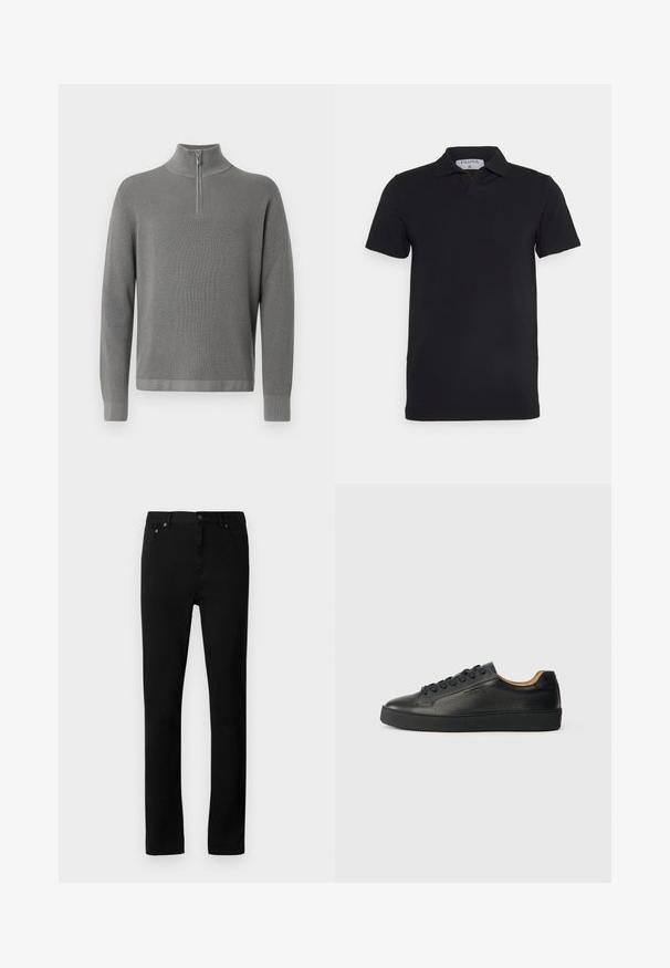 Grå strikket pullover med halv-zip krave, lange ærmer og et tekstureret mønster. Enkle linjer og ribbede detaljer ved ærmerne og kanten.; Sort kortærmet polo-shirt med klassisk krave, lavet af glat stof. Har et mærke med brandnavnet 'Filippa K' ved halsudskæringen.; Sorte denim jeans med lige pasform, fem-lomme design, metal hardware detaljer og en glat, uigennemsigtig tekstur.; Sorte lavtop lædersneakers med tekstureret overflade, sorte snørebånd og tyk gummisål, vist fra siden på en lys baggrund.