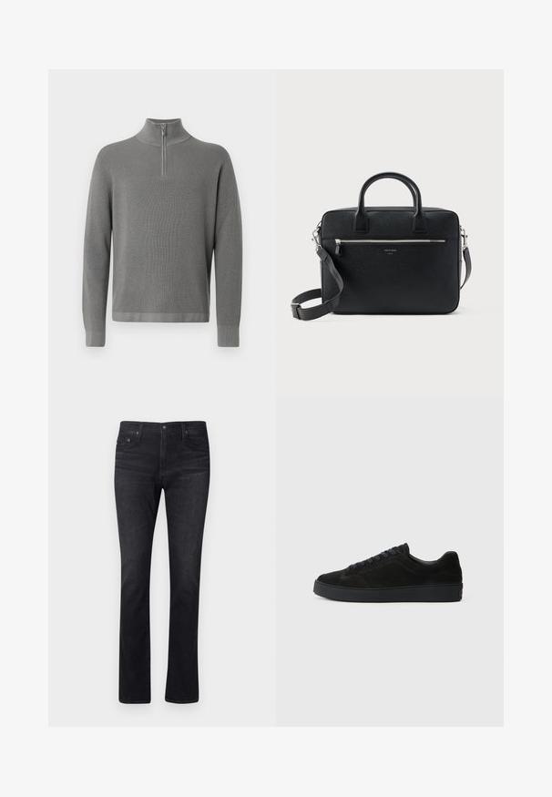 Grå strikket pullover med halv-zip krave, lange ærmer og et tekstureret mønster. Enkle linjer og ribbede detaljer ved ærmerne og kanten.; Mørke denim jeans med lige ben, der har et klassisk femlomme-design og diskret syning. Stoffet har en glat overflade.; Sort semsket sneakers med en flad, tekstureret sål, rund tå, seks snørrehuller og et minimalistisk design.; Sort struktureret rektangulær lædermappe med dobbelthåndtag, lynlåslomme foran og justerbar skulderrem vist på hvid baggrund.