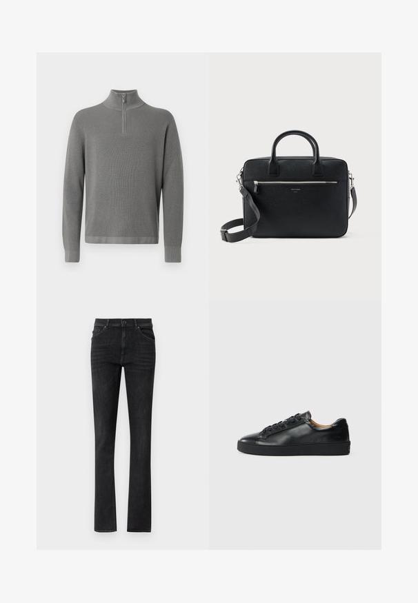 Pull en tricot gris avec un col zippé à moitié, des manches longues et un motif texturé. Lignes épurées et accents côtelés aux poignets et à l'ourlet.; Jeans en denim noir avec une coupe droite, dotés de poches avant et d'une fermeture à bouton. Texture lisse avec un léger dégradé.; Baskets en cuir noir avec une texture lisse, bout rond et fermeture à lacets. Comprend une semelle en caoutchouc épaisse et un minimum de détails de marque.; Serviette rectangulaire en cuir noir texturé avec double poignée, poche avant zippée et bandoulière réglable présentée sur fond blanc.