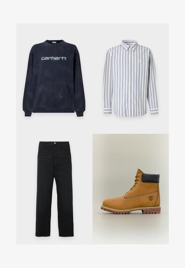 Sweat-shirt bleu marine foncé avec une poche avant, des poignets côtelés et un logo blanc délavé ; le tissu présente un motif moucheté.; Chemise pour homme à boutons avec rayures verticales grises et blanches, manches longues, et petit logo sur la poitrine. Tissu en coton, col classique.; Pantalon en denim noir avec une coupe droite, doté d'une fermeture à boutons à l'avant, de deux poches latérales et d'une texture subtile.; Bottine en cuir marron avec col noir, lacets jaunes et semelle beige. Présente un logo et des détails de couture blanche. Semelle extérieure à traction robuste.