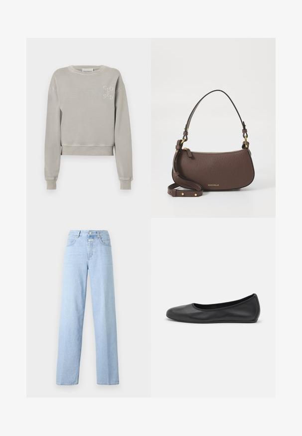 Sweatshirt court gris clair en coton doux avec des poignets côtelés, un col rond et un logo estampé "CLOSED" sur la poitrine.; Jean taille haute bleu clair avec une coupe droite. Fabriqué en denim, doté de cinq poches et d'une fermeture à bouton à l'avant. Design minimaliste.; Ballerines en cuir noir avec un bout rond, texture lisse, détails de couture minimalistes et design de semelle flexible.; Sac bandoulière en cuir marron avec une finition texturée, quincaillerie dorée, sangle ajustable et fermeture à glissière. Présente un logo à l'avant.