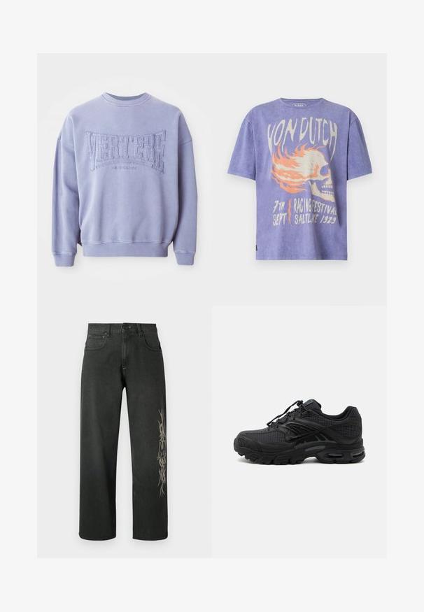 Sweatshirt violet en tissu doux avec le texte brodé "VERTERE" et "BERLIN". Poignets et encolure côtelés avec une coupe décontractée.; T-shirt violet Van Dutch avec un motif de crâne en flammes et un texte faisant référence à un festival de courses daté du 7 septembre 1929.; Jean denim noir à jambes larges avec un motif graphique latéral en gris clair. Style standard à cinq poches avec fermeture par bouton et passants pour ceinture.; Baskets de sport noires avec tissu texturé, semelle épaisse et rembourrée, aérations et fermeture à lacets, vues de profil sur fond clair.