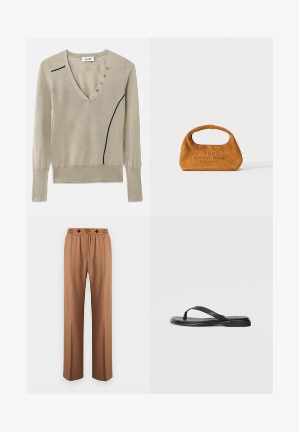 Pull à col en V tricoté en beige clair, avec une ligne d'accent marine et un détail de cinq boutons sur le devant, doté de manches longues et de poignets côtelés.; Pantalon marron droit avec taille élastique arborant un logo MCM noir et des détails en motif losange.; Tongs noires en cuir lisse, avec un design de sangle fine et une semelle plate à profil minimal. Aucun motif ou accent notables.; Sac à main en suede marron avec poignée intégrée et "THE SACK BAG MARC JACOBS" imprimé sur le devant, présenté sur un fond blanc.