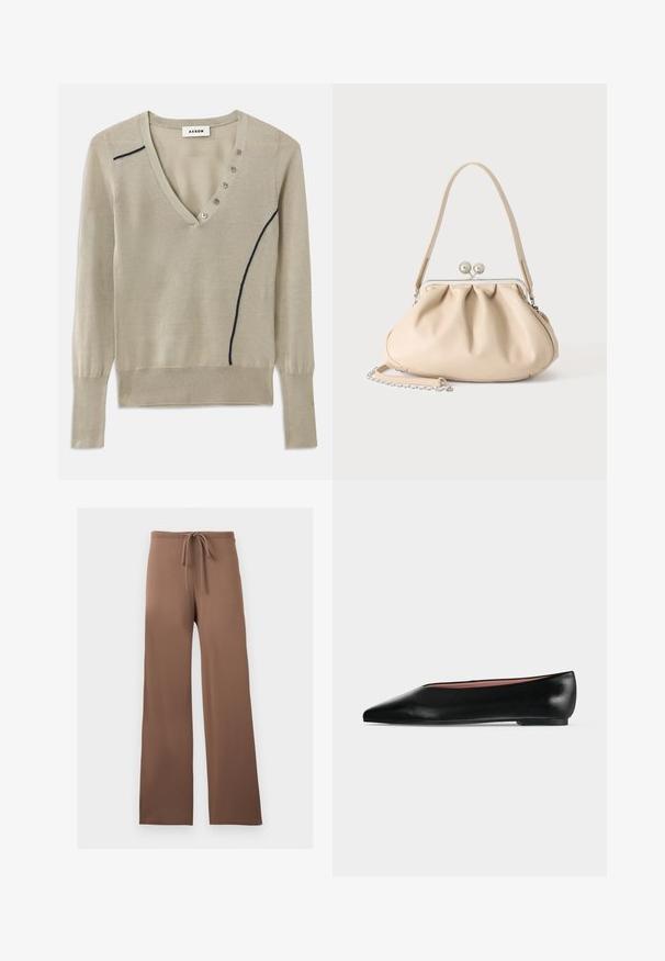 V-hals trui in lichtbeige breiwerk, met een marineblauwe accentlijn en een detail van vijf knopen aan de voorkant, met lange mouwen en geribbelde manchetten.; Bruine wijde broek met trekkoord in de taille, zonder zichtbare patronen of logo's, plat uitgestald op een lichte achtergrond.; Zwarte leren damesschoen met platte zool, puntige neus en lage hak, zijwaarts afgebeeld tegen een effen lichtgrijze achtergrond.; Beige zachte leren handtas met een zilveren metalen frame sluiting, een enkele schouderriem en een optionele kettingriem op een witte achtergrond.