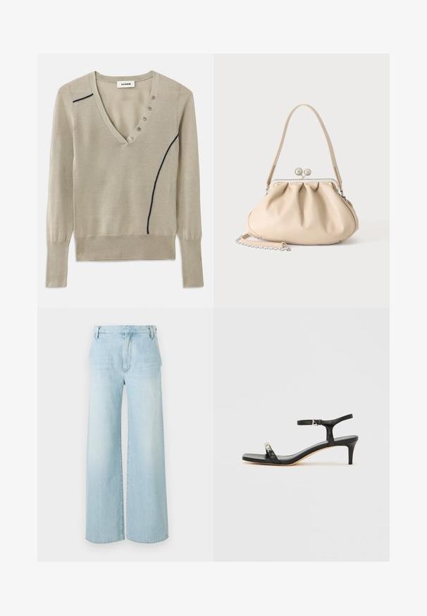 V-hals sweater i lys beige strik, med en marineblå accentlinje og fem-knap detalje foran, med lange ærmer og ribbede manchetter.; Lyseblå vide jeans i denim. Har høj talje, fem-lommers design og subtil fading med en ren kant.; Sort læder sandal med hæl og ankelrem, åben tå, firkantet front og sølvfarvede metalaccenter. Figurformet design med en slank profil.; Beige blød læderhåndtaske med en sølv metalramme-lukning, enkelt skulderstrop og en valgfri kæderem på en hvid baggrund.