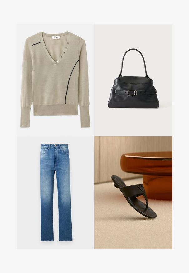 V-hals sweater i lys beige strik, med en marineblå accentlinje og fem-knap detalje foran, med lange ærmer og ribbede manchetter.; Blå jeans med høj talje i en gradient vask, med lige ben, fem-lommer design og en messingknap i taljen.; Sort læder tåsandal med lav hæl, svævende over beige tæppe nær et rundt brunt bord i en minimalistisk indendørs indstilling.; Sort læderhåndtaske med enkelt skulderrem og et dekorativt bælte med en sølvspænde på forsiden.