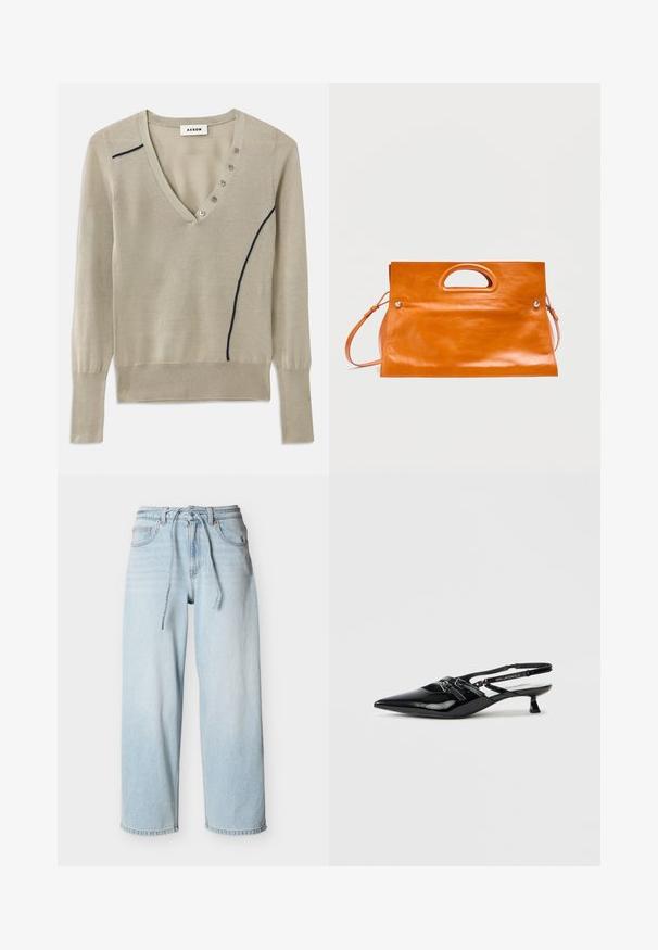 V-hals sweater i lys beige strik, med en marineblå accentlinje og fem-knap detalje foran, med lange ærmer og ribbede manchetter.; Lyseblå vidde ben denimjeans med snøre i taljen, forlommer og bæltestropper mod en ensfarvet baggrund.; Sort laklæder slingback-sko med spids tå, lille blokhæl og justerbar rem med udskæringsdetaljer og logoaccenter.; Rektangulær orange læderhåndtaske med indbygget håndtagshul og justerbar skulderrem på ensfarvet baggrund.