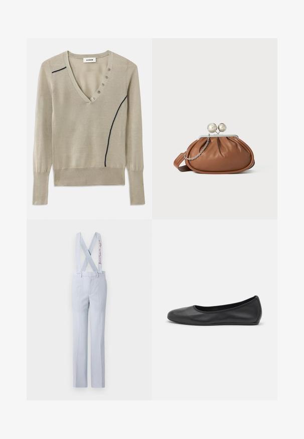 Pull à col en V tricoté en beige clair, avec une ligne d'accent marine et un détail de cinq boutons sur le devant, doté de manches longues et de poignets côtelés.; Pantalon bleu clair avec bretelles réglables en forme de X, présentant une taille à boutons et des détails brodés subtils. Texture de tissu lisse.; Ballerines en cuir noir avec un bout rond, texture lisse, détails de couture minimalistes et design de semelle flexible.; Pochette en cuir marron avec un fermoir à boule en argent et un petit détail en chaîne argentée sur fond blanc.