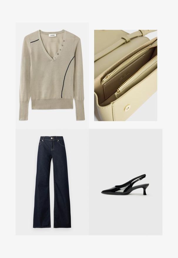 V-hals sweater i lys beige strik, med en marineblå accentlinje og fem-knap detalje foran, med lange ærmer og ribbede manchetter.; Mørkeblå jeans med vide ben, knaplukning, bæltestropper, forlommer og kontrastsyning.; Sorte patenterede slingback-sko med spidse tæer og lav blokhæl. Justerbar spænde-rem ved anklen.; Lys grøn lædertaske med guldfarvet metal, der har lynlås- og slip-lommer samt synlige syninger.