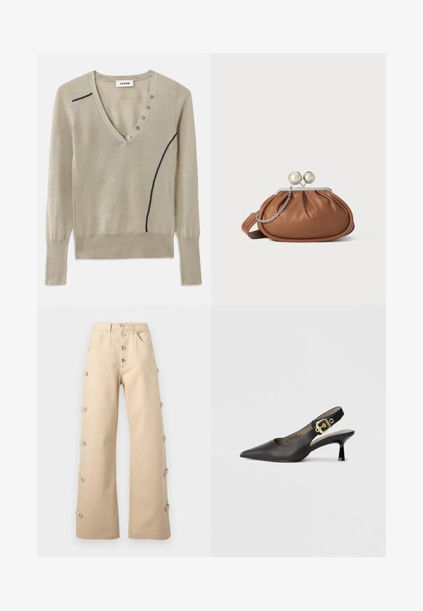 Pull à col en V tricoté en beige clair, avec une ligne d'accent marine et un détail de cinq boutons sur le devant, doté de manches longues et de poignets côtelés.; Pantalon beige à jambes larges avec taille haute, fermeture à boutons sur le devant, brides latérales avec boutons, et poches avant incurvées.; Chaussure à talon haut noire à bride arrière, avec un bout pointu, une texture en cuir lisse et une accent de boucle dorée sur la bride.; Pochette en cuir marron avec un fermoir à boule en argent et un petit détail en chaîne argentée sur fond blanc.