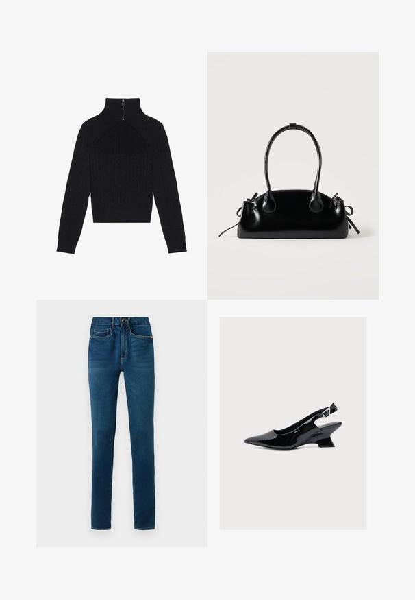 Pull en maille noire avec un col montant, doté d'une fermeture à zip et d'un design de dos ouvert. Texture en tricot torsadé sur l'ensemble.; Jeans en denim bleu foncé avec un design à jambe droite, présentant un système de fermeture à bouton, des passants de ceinture et des poches avant et arrière classiques.; Chaussure slingback en cuir verni noir avec bout pointu et petit talon bloc incliné sur fond blanc.; Petit sac à main noir brillant avec deux longues anses et des détails à cordon sur les côtés sur un fond clair uni.