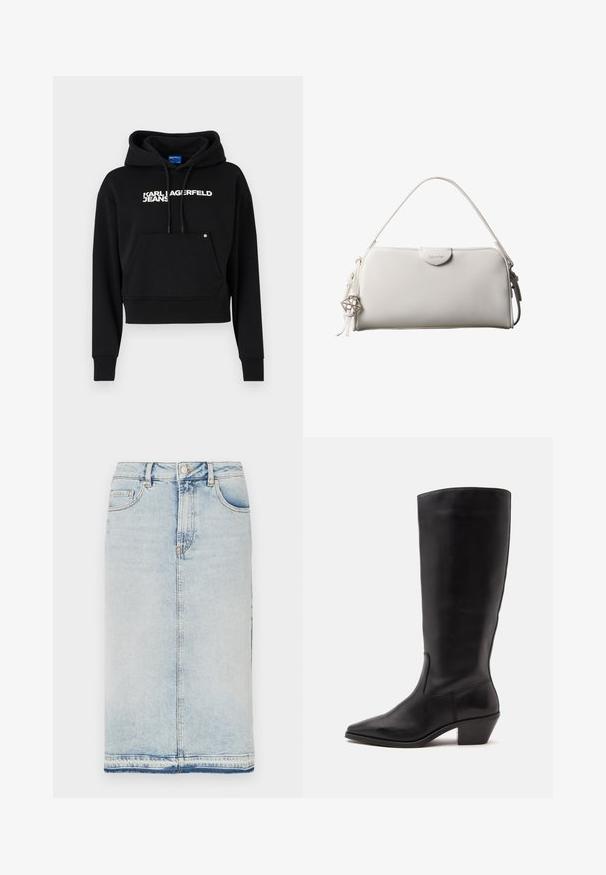 Čierna kratká mikina vyrobená z jemného materiálu, s prednou kapsou, kapucňou na sťahovanie a bielym textovým logom "KARL LAGERFELD JEANS."; Džínová midi sukňa v svetlom odtieni modrej, s piatimi vreckami, rovného strihu a s nahrubo zaseknutým lemom. Klasické kovové zapínanie na gombík a zips.; Čierna kožená čižma po stred lýtka s špicatou špičkou a nízkym sklopeným podpätkom na jednoduchom svetlom pozadí.; Biela obdĺžniková kabelka Calvin Klein s jedným rúčikom, minimalistickým dizajnom a dekoratívnymi strapcami s geometrickým kovovým príveskom na boku.