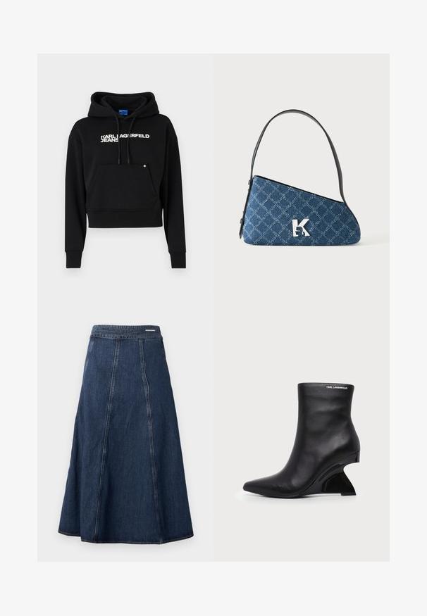 Čierna kratká mikina vyrobená z jemného materiálu, s prednou kapsou, kapucňou na sťahovanie a bielym textovým logom "KARL LAGERFELD JEANS."; Džínsová sukňa vo forme A v tmavomodrej farbe, s vysokým pásom a švovými detailmi. Tkanina má hladkú textúru s jemným leskom.; Čierna kožená členková topánka s zakriveným sochárskym podpätkom a logom Karl Lagerfeld blízko hornej hrany na bielom pozadí.; Modrá prešívaná rifľová kabelka cez rameno s čiernym popruhom a strieborným logom „K“ vpredu, zobrazená na bielom pozadí.