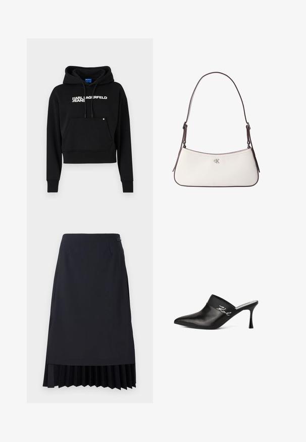 Musta lyhyt huppari, joka on valmistettu pehmeästä kankaasta. Siinä on etutasku, nyöritettävä huppu ja valkoinen tekstilogotulostus "KARL LAGERFELD JEANS."; Musta kynähame, jossa on laskostettu helma, muotoiltu istuvuus ja sileä pinta. Hameessa on huomaamaton sivuvetoketju ja minimalistinen yksityiskohtaus.; Musta nahkainen mooli, jossa on terävä kärki ja stilettikorko. Mukana leveä bändi, jossa on hopeista kirjoitusta sivulla. Sileä pinta.; Valkoinen nahkainen olkalaukku, jossa tummanruskea koristereunus ja säädettävä hihna, etuosassa pieni hopeinen "cK"-logo keskellä.