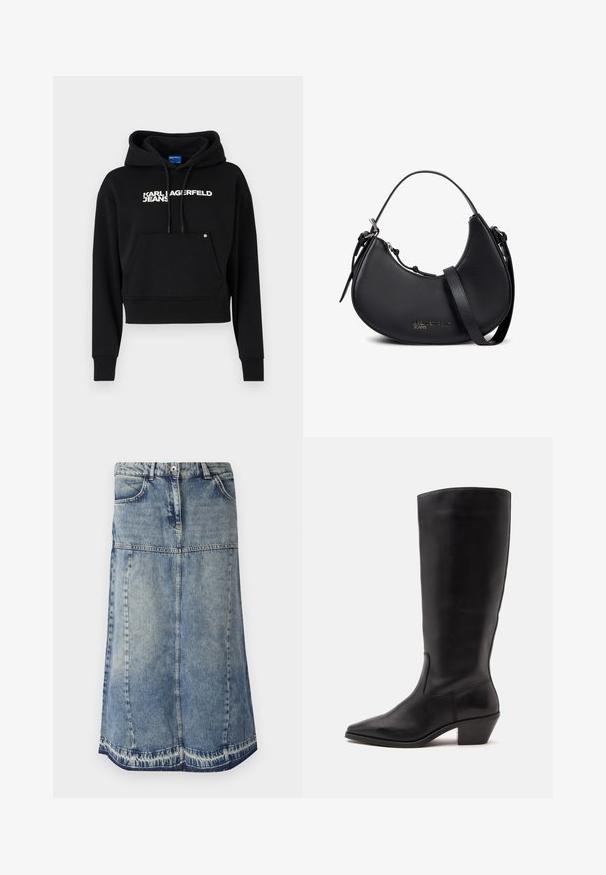Čierna kratká mikina vyrobená z jemného materiálu, s prednou kapsou, kapucňou na sťahovanie a bielym textovým logom "KARL LAGERFELD JEANS."; Džínová sukňa svetlomodrej farby, po kolená, s dvoma prednými vreckami, šitými panelmi a rozstrapkanym lemom. Textúrovaná tkanina s viditeľnými švami.; Čierna kožená čižma po stred lýtka s špicatou špičkou a nízkym sklopeným podpätkom na jednoduchom svetlom pozadí.; Čierna kožená kabelka v tvare polmesiaca s dvojitými popruhmi, strieborným zipsom a nenápadným logom „Karl Lagerfeld Jeans“ na prednej strane.