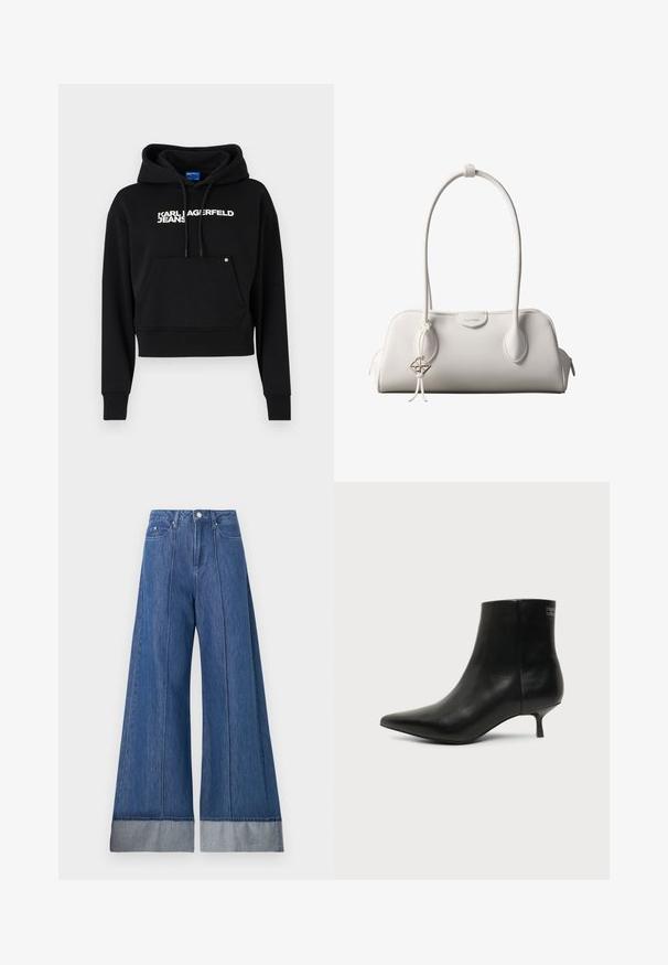 Hoodie noir court en tissu doux, doté d'une poche avant, d'une capuche avec cordon et d'un logo texte blanc "KARL LAGERFELD JEANS."; Jean large en denim bleu moyen, avec une taille haute, deux poches avant et un revers en denim plus clair en contraste à l'ourlet.; Bottine en cuir noir avec bout pointu et petit talon kitten sur fond clair, vue côté extérieur.; Sac à bandoulière blanc Calvin Klein avec longues poignées, forme rectangulaire, fermeture éclair et charm logo décoratif suspendu près de la poignée.