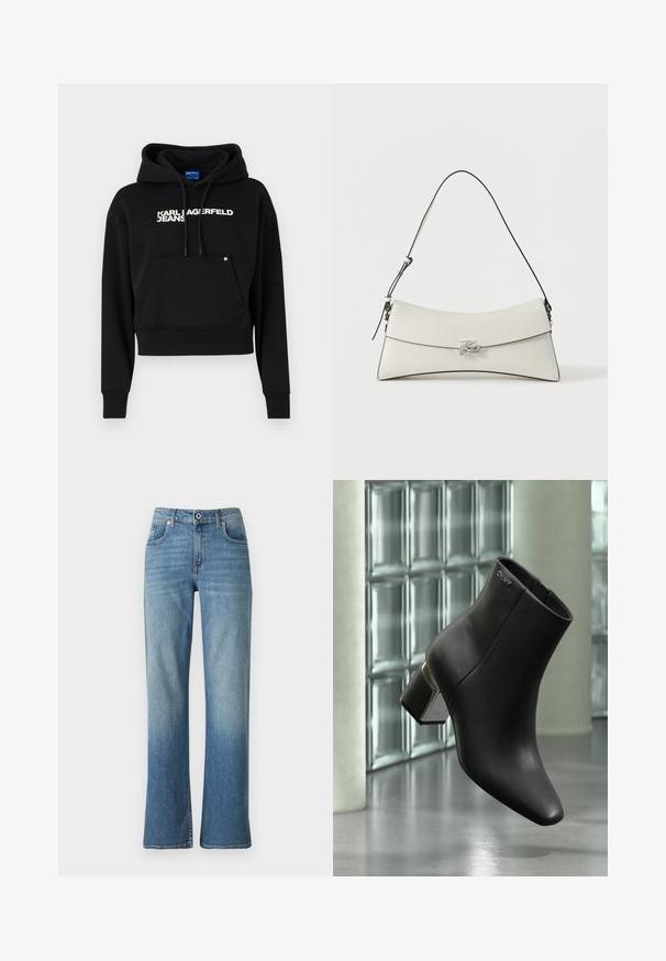 Μαύρο cropped hoodie φτιαγμένο από μαλακό ύφασμα, με μπροστινή τσέπη, κουκούλα με κορδόνι και λευκό λογότυπο "KARL LAGERFELD JEANS".; Ανοιχτού μπλε τζιν παντελόνι με ίσιο πόδι, που διαθέτει πέντε τσέπες, κλείσιμο με κουμπί και ελαφριά φθορά για ένα παλιό look.; Μαύρο δερμάτινο μποτάκι μέχρι τον αστράγαλο με χοντρό τακούνι, λογότυπο DKNY κοντά στην κορυφή, παρουσιάζεται μπροστά από τοίχο από γυάλινα τούβλα και γυαλισμένο τσιμεντένιο πάτωμα.; Λευκή δερμάτινη τσάντα ώμου με καμπύλο καπάκι, μαύρο περίγραμμα, ρυθμιζόμενο λουρί και ασημένιο διακοσμητικό κούμπωμα σε μονόχρωμο φόντο.