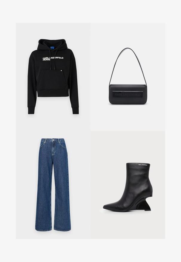 Hoodie noir court en tissu doux, doté d'une poche avant, d'une capuche avec cordon et d'un logo texte blanc "KARL LAGERFELD JEANS."; Jeans en denim bleu à jambe large avec une taille haute, dotés de poches avant et d'une fermeture à un bouton. Tissu texturé avec des coutures visibles.; Bottine en cuir noir avec talon sculpté incurvé et logo Karl Lagerfeld près du bord supérieur sur fond blanc.; Sac à main en cuir noir avec une seule bandoulière, de forme rectangulaire, doté d'un panneau texturé avec le logo "KARL LAGERFELD" en relief à l'avant.