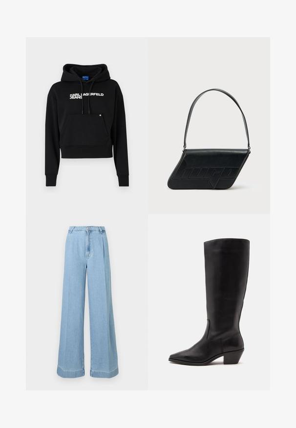 Sort cropped hoodie lavet af blød stof, med en fronlomme, snor i hætten og hvid tekstlogo "KARL LAGERFELD JEANS."; Lyseblå denim bredbenede jeans med høj talje, folder foran og rå kant for et afslappet look.; Sort læderstøvle til midtkalv med spids tå og lavt skråt hæl på en enkel lys baggrund.; Sort skuldertaske i læder med trekantet form, præget logo og en enkelt justerbar rem. Minimalistisk design med glat tekstur.
