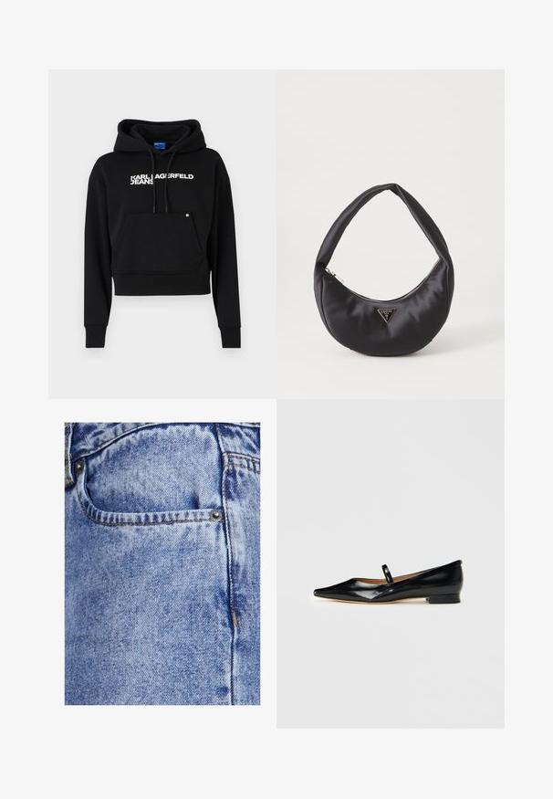 Čierna kratká mikina vyrobená z jemného materiálu, s prednou kapsou, kapucňou na sťahovanie a bielym textovým logom "KARL LAGERFELD JEANS."; Svetlomodré džíny z denimu s textúrovaným povrchom, s malou prednou kapsou, kovovým gombíkom a viditeľným prešívaním pozdĺž švov.; Čierne lakované kožené baleríny Mary Jane s špicatou špičkou, jedným pásikom a nízkym podpätkom na jednoduchom pozadí.; Čierna saténová kabelka s zakriveným tvarom, so zipsovým uzáverom a trojuholníkovým kovovým logom na prednej strane. Hladká textura a elegantný dizajn.