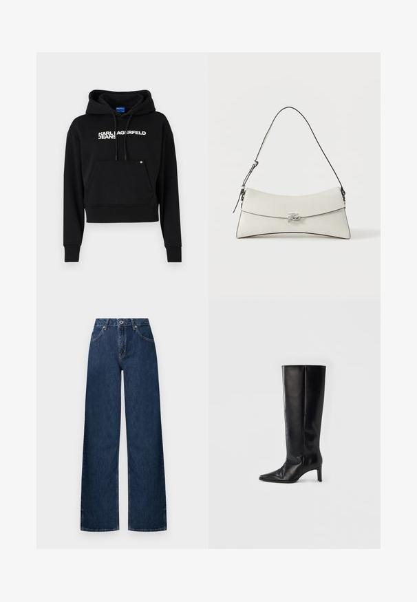 Μαύρο cropped hoodie φτιαγμένο από μαλακό ύφασμα, με μπροστινή τσέπη, κουκούλα με κορδόνι και λευκό λογότυπο "KARL LAGERFELD JEANS".; Τζιν παντελόνια με φαρδιά πόδια από σκουρόχρωμο τζιν ύφασμα. Διαθέτουν κλασικό σχεδιασμό με πέντε τσέπες, κούμπωμα με κουμπί και διακριτική ξεθώριαση στα γόνατα.; Μαύρες μπότες μέχρι το γόνατο από λείο δέρμα, με μυτερή μύτη και λεπτό τακούνι, με εφαρμοστό κορμό και μινιμαλιστικό σχέδιο.; Λευκή δερμάτινη τσάντα ώμου με καμπύλο καπάκι, μαύρο περίγραμμα, ρυθμιζόμενο λουρί και ασημένιο διακοσμητικό κούμπωμα σε μονόχρωμο φόντο.