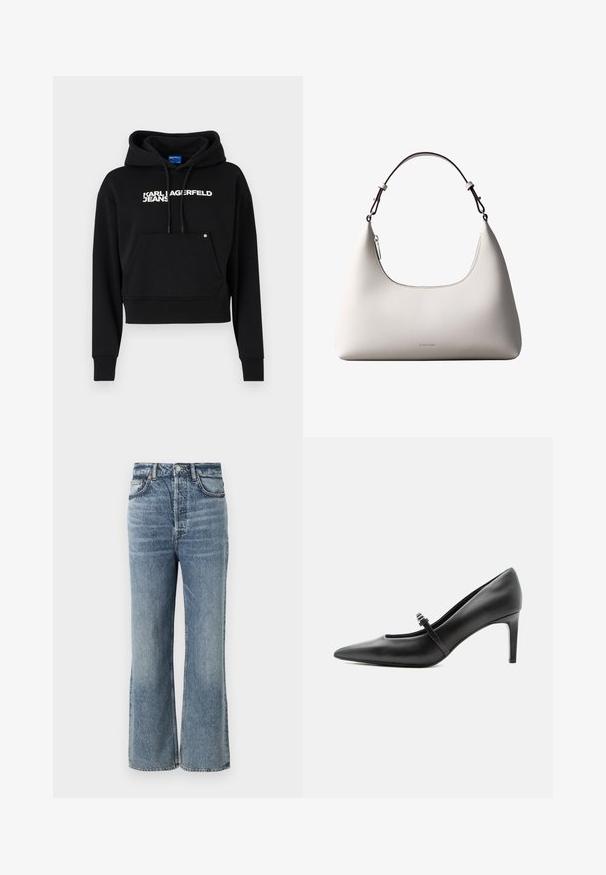Sort cropped hoodie lavet af blød stof, med en fronlomme, snor i hætten og hvid tekstlogo "KARL LAGERFELD JEANS."; Lysblå højtaljede jeans med bred benudskæring, afsluttet med subtilt falming, fem-lomme design og metalknap hardware.; Sort læderspids højhælede sko med tynd rem og spænde over vristen, stående på en neutral lys baggrund.; Cremefarvet skuldertaske i læder fra Calvin Klein med buet topkant, sølvfarvet lynlås og mørkebrun justerbar rem.