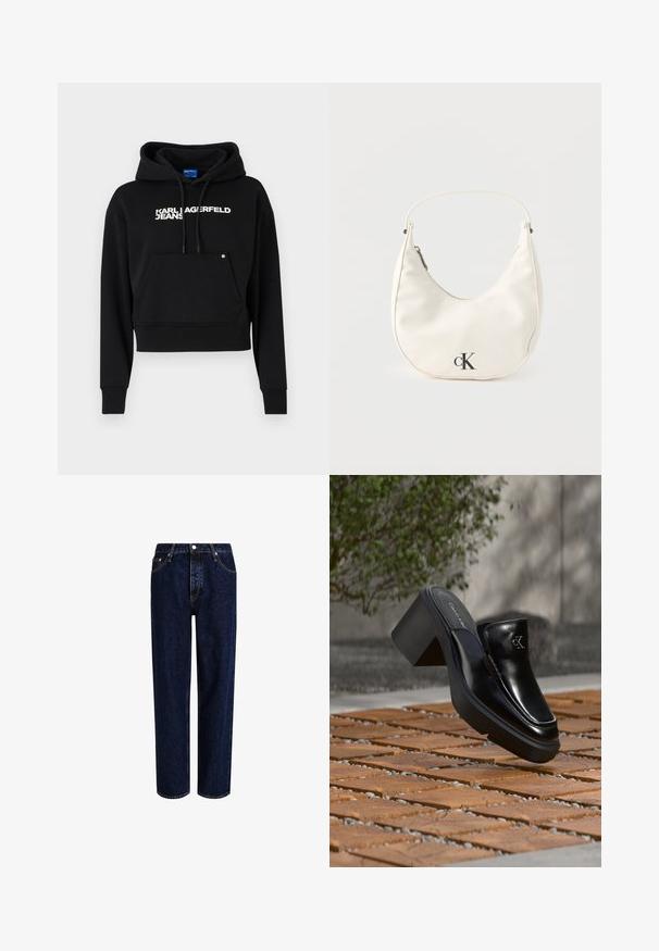 Μαύρο cropped hoodie φτιαγμένο από μαλακό ύφασμα, με μπροστινή τσέπη, κουκούλα με κορδόνι και λευκό λογότυπο "KARL LAGERFELD JEANS".; Σκούρο μπλε τζιν παντελόνι με ίσια γραμμή, διαθέτοντας ψηλή μέση, σχεδίαση με πέντε τσέπες και αντίθετες ραφές. Χωρίς διακοσμητικά στοιχεία.; Μαύρο δερμάτινο slip-on mule από Calvin Klein με χοντρό τακούνι που ακουμπά σε ξύλινα πλακάκια σε εξωτερικό χώρο κοντά σε ένα πράσινο φυτό και γκρίζο τοίχο.; Μικρή λευκή τσάντα σε σχήμα ημισελήνου με κοντό λουράκι, κλείσιμο με φερμουάρ και μαύρο λογότυπο "cK" μπροστά.