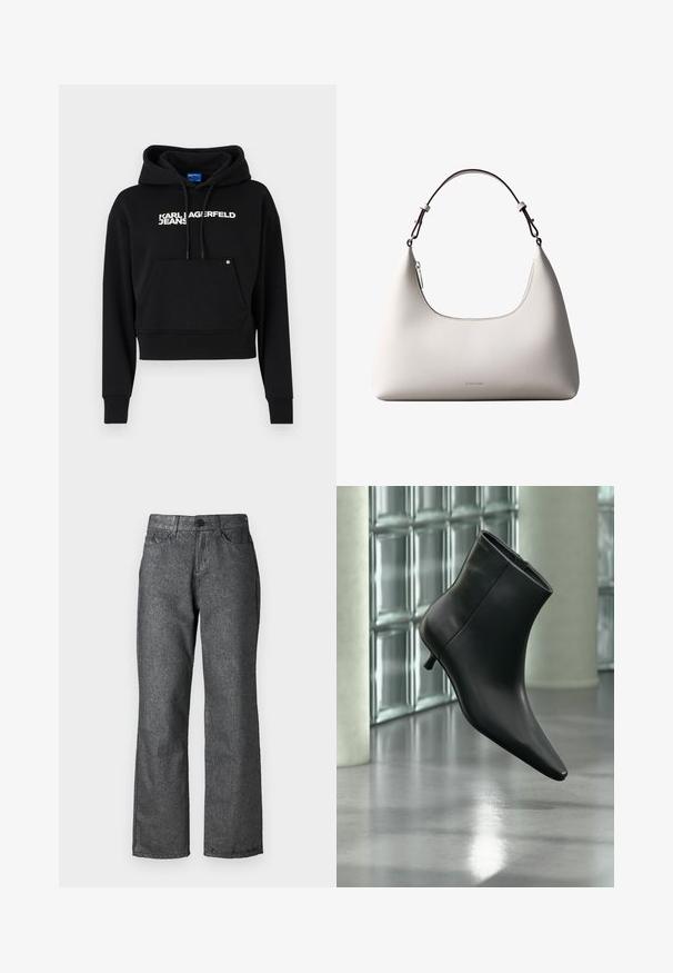 Čierna kratká mikina vyrobená z jemného materiálu, s prednou kapsou, kapucňou na sťahovanie a bielym textovým logom "KARL LAGERFELD JEANS."; Sivé džíny z denimu s jemným leskom, priamy strih, päť vreciek, zapínanie na gombík a viditeľné švy.; Čierna kožená členková čižma so špicatou špičkou a nízkym kitten podpätkom, zobrazená šikmo na pozadí leštenej podlahy a steny zo sklenených blokov.; Krémová kožená kabelka Calvin Klein cez rameno s oblým horným okrajom, strieborným zipsom a tmavo hnedým nastaviteľným remienkom.