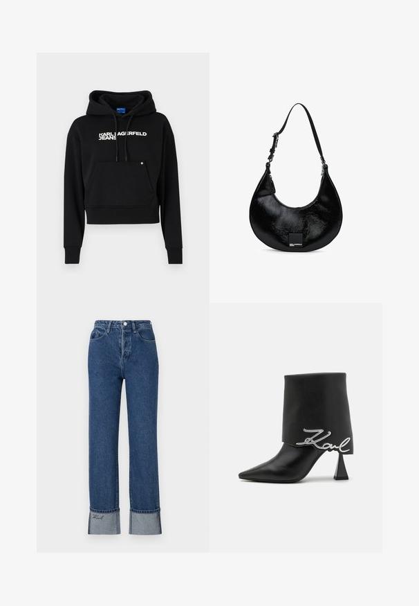Čierna kratká mikina vyrobená z jemného materiálu, s prednou kapsou, kapucňou na sťahovanie a bielym textovým logom "KARL LAGERFELD JEANS."; Modré denimové džínsy s vysokým pásom, rovnými nohavicami, s obrubou na spodnej časti, ktorá je vyrobená z kontrastnej svetlej modrej látky a má vyšívané detaily na obrubách.; Čierna kožená členková čižma s špicatou špičkou, vysokým hrubým podpätkom a preloženým vrchom s detailom strieborného loga "Zaul".; Čierna lesklá patentná kožená taška na rameno v tvare polmesiaca s nastaviteľným popruhom a nášivkou s logom Karl Lagerfeld Jeans na prednej strane.