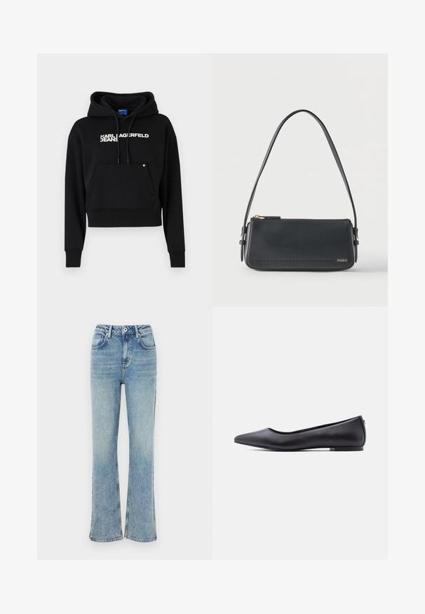 Čierna kratká mikina vyrobená z jemného materiálu, s prednou kapsou, kapucňou na sťahovanie a bielym textovým logom "KARL LAGERFELD JEANS."; Svetlomodré zvonové džínsy vyrobené z denimu, s gombíkovým zapínaním, piatimi vreckami a jemným vyblednutím pre opotrebovaný vzhľad.; Čierna kožená balerína s špičatou špičkou a nízkym podpätkom, zobrazená z profilu na bielom pozadí.; Čierna obdĺžniková kožená kabelka na rameno so zlatým zipsom a malým zlatým logom „HUGO“ na prednej strane, vybavená nastaviteľným remienkom so sponou.
